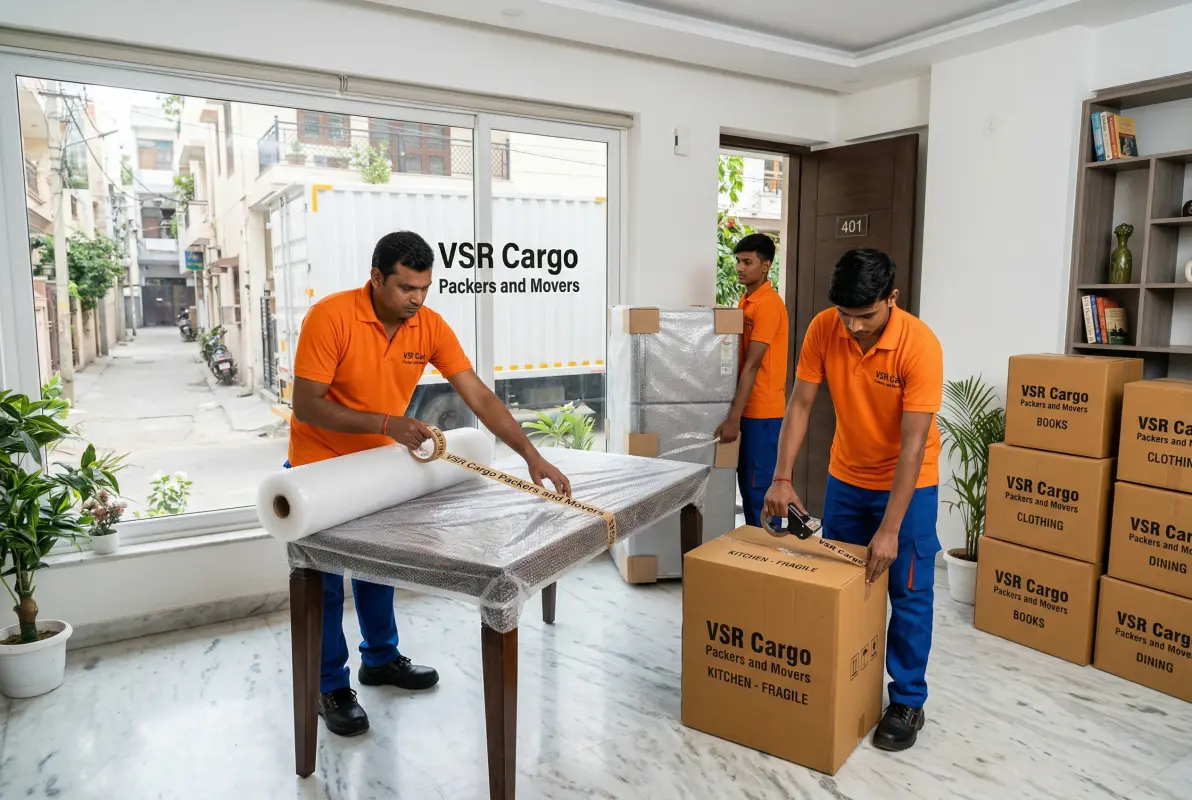 VSR CargoPackers team carefully packing household furniture with bubble wrap