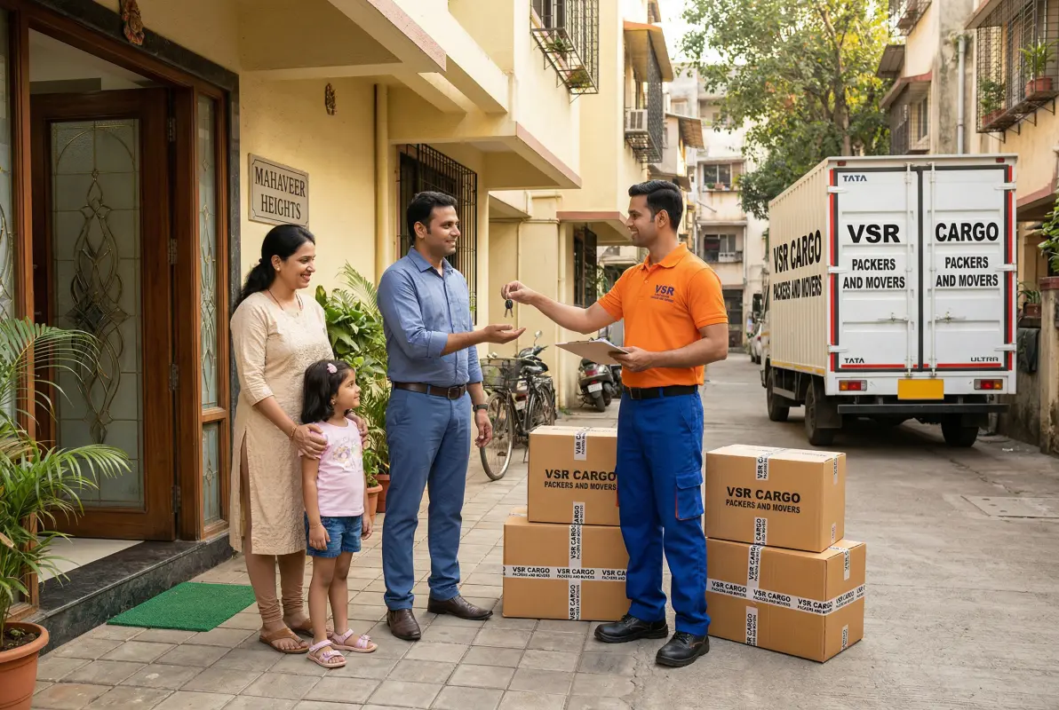 Happy Indian family receiving keys to their new home after successful relocation by VSR CargoPackers
