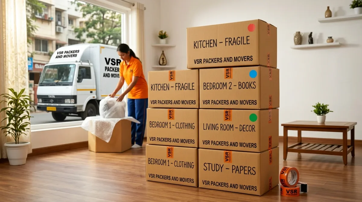 Color-coded labeled moving boxes stacked neatly for organized home relocation by VSR Packers