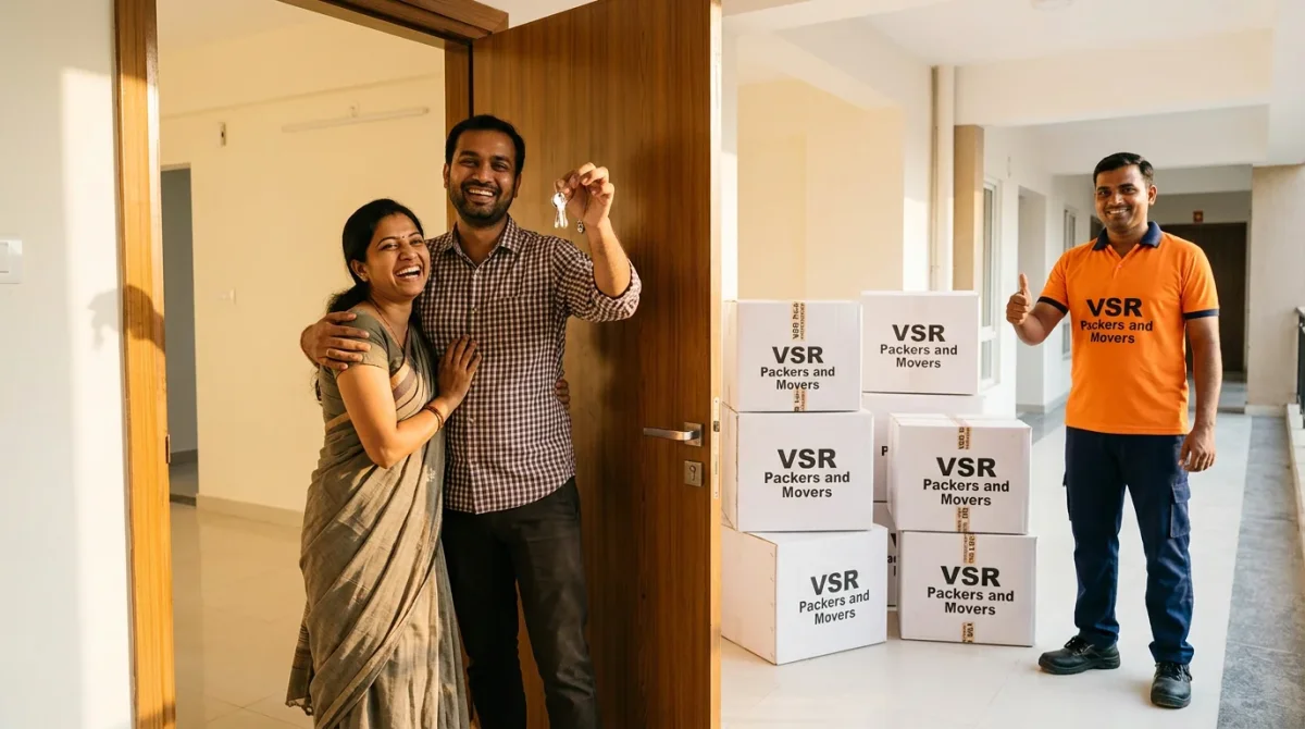 Happy Indian family receiving keys to their new home after successful relocation by VSR Packers