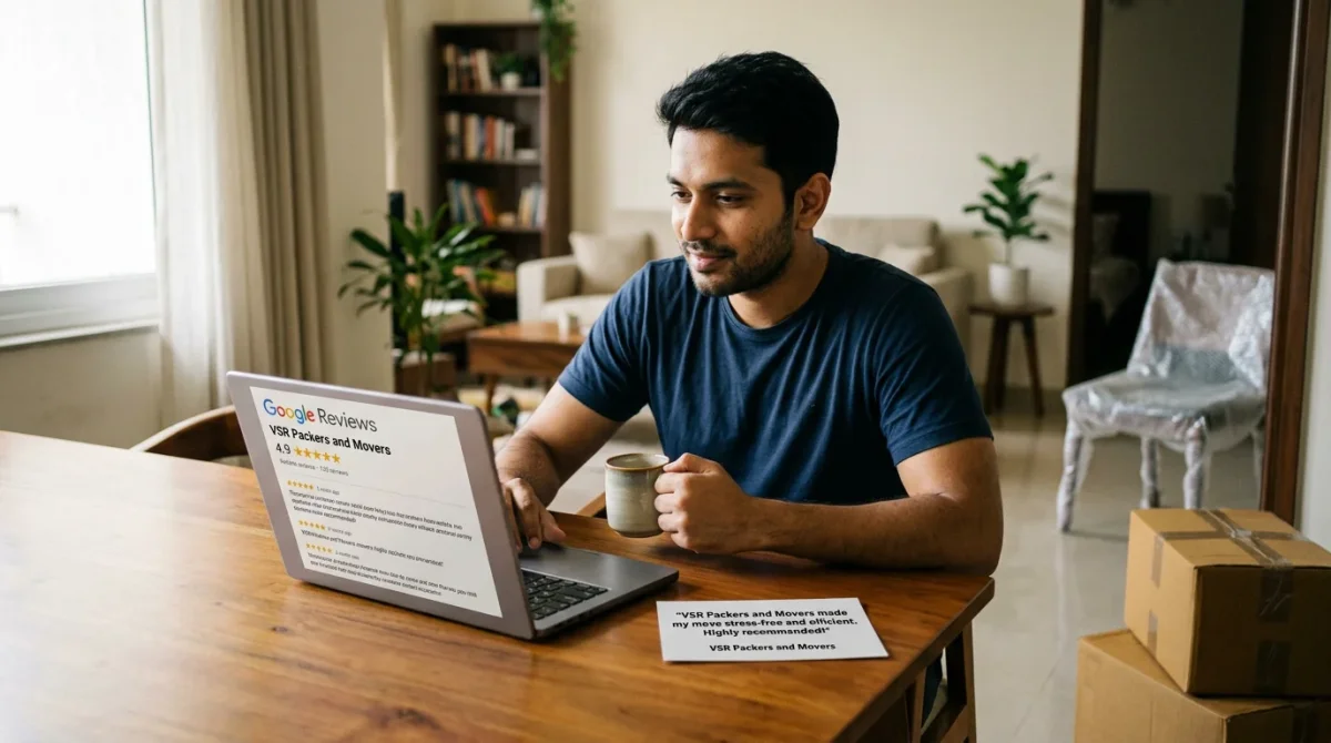 Person reading online customer reviews of packers and movers company on laptop in India
