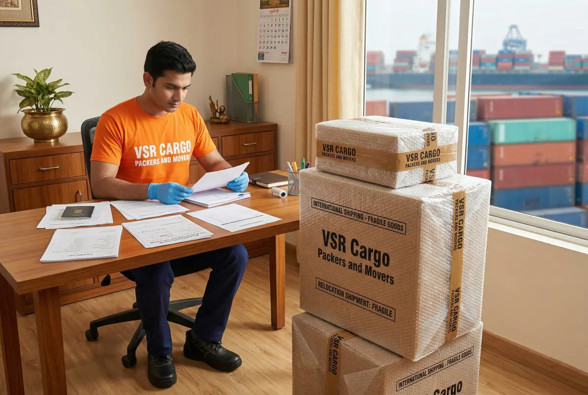 Organized international relocation documents including passport, visa, and packing list on desk