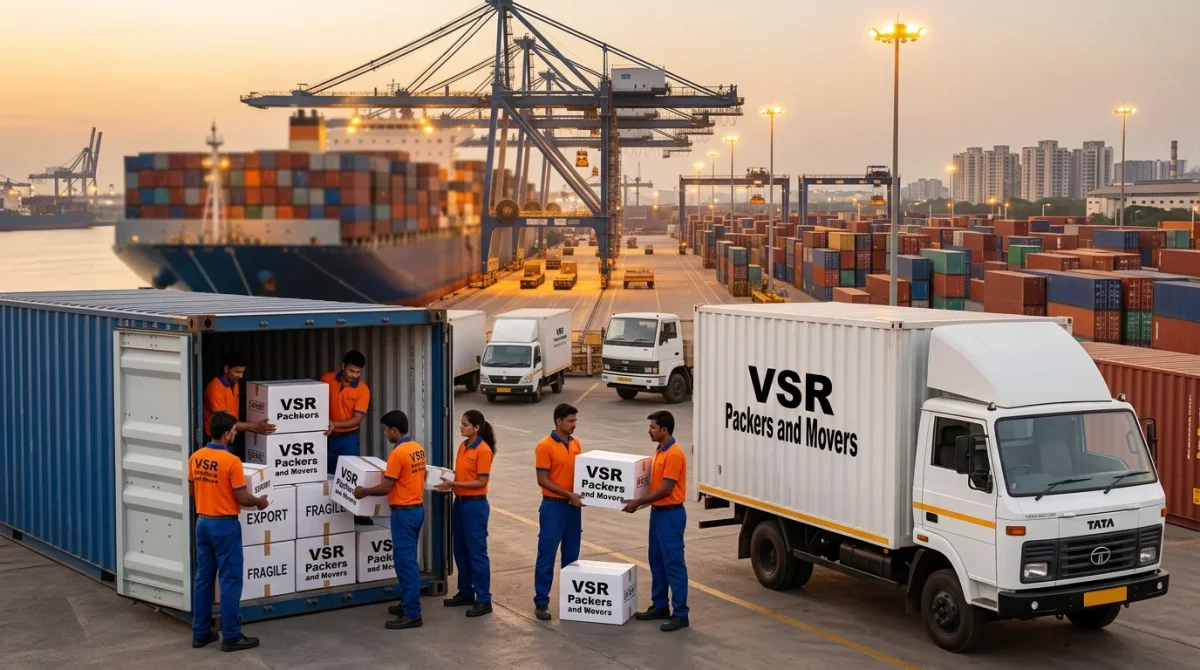 VSR Packers export-grade packed boxes being loaded into shipping container at Indian port
