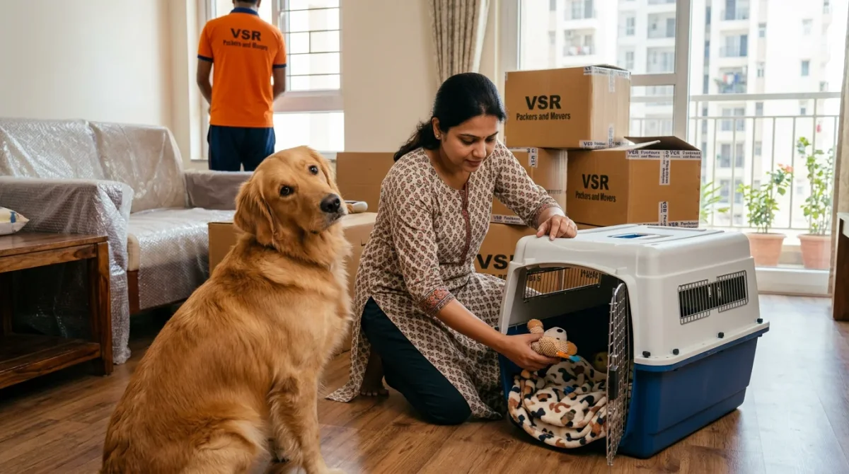Indian family preparing pet travel carrier with comfortable bedding before home relocation