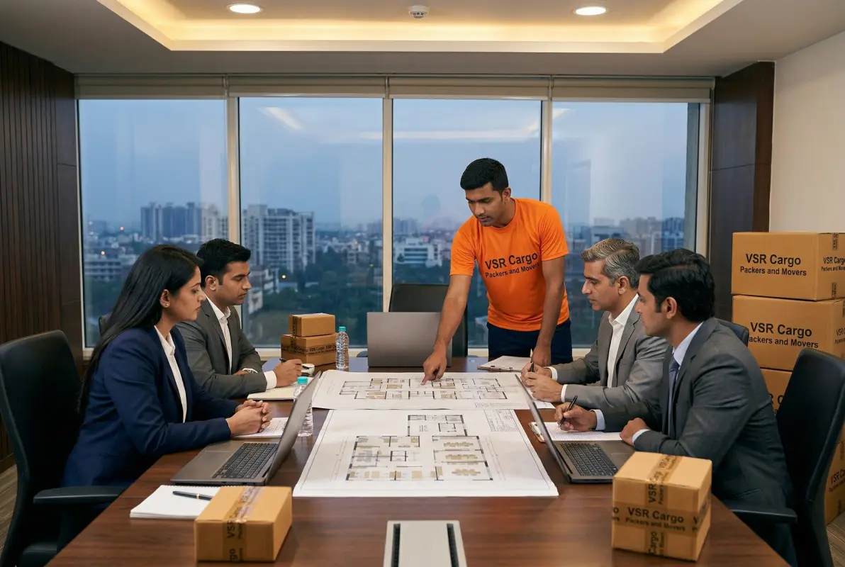 Corporate team reviewing new office floor plan before relocation with VSR CargoPackers and Movers