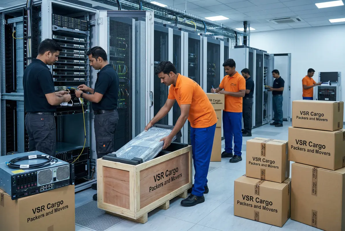 IT specialist and VSR CargoPackers team safely disconnecting and packing server room equipment