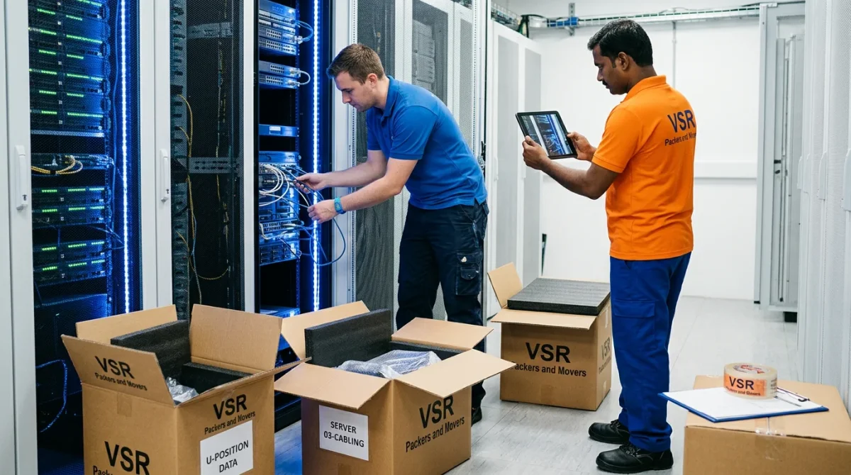 IT specialist and VSR Packers team safely disconnecting and packing server room equipment