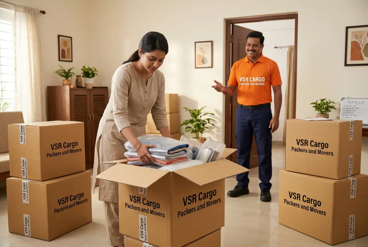 Indian homeowner packing clothes and non-fragile items into boxes to save on moving costs