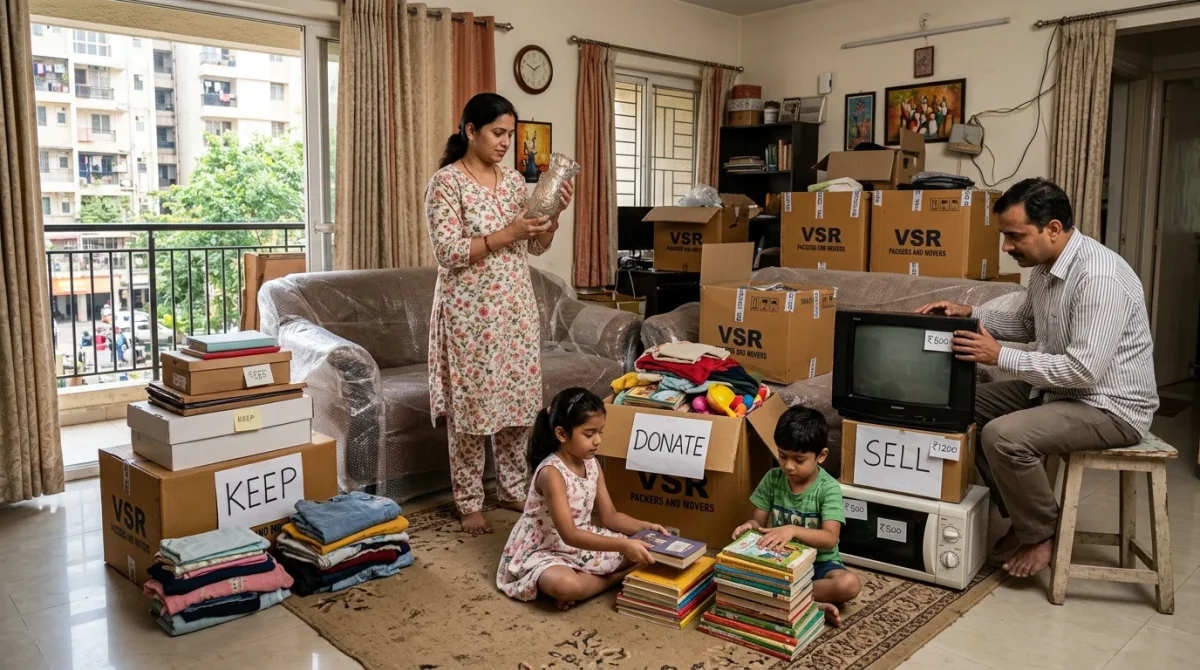 Indian family decluttering household items into keep sell and donate piles before home shifting