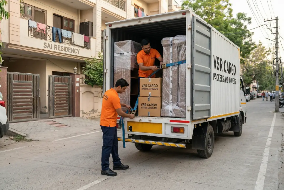 Careful loading of packed household goods onto GPS-tracked transport vehicle
