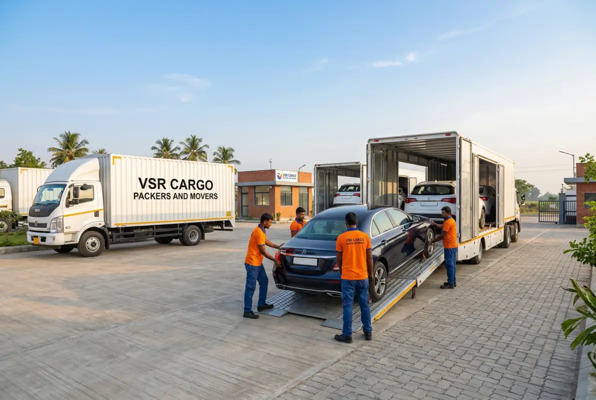 Car loaded in enclosed carrier for safe interstate transport across India