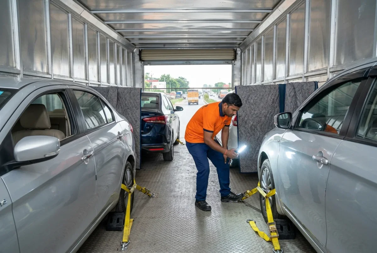Car loaded in enclosed carrier for safe interstate transport across India